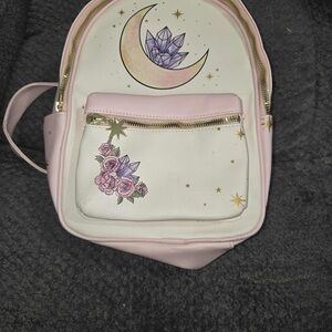 Hot Topic Pink and White Backpack with Moon and Floral Accents